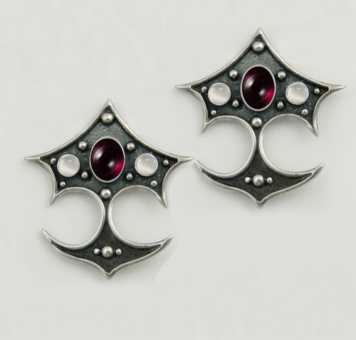 Sterling Silver Gothic Drop Dangle Earrings With Garnet And White Moonstone